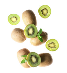 Flying fresh kiwi and mint on white background
