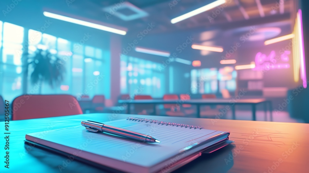 Poster a stylish workspace featuring a notebook and pen, illuminated by colorful lights, perfect for creati