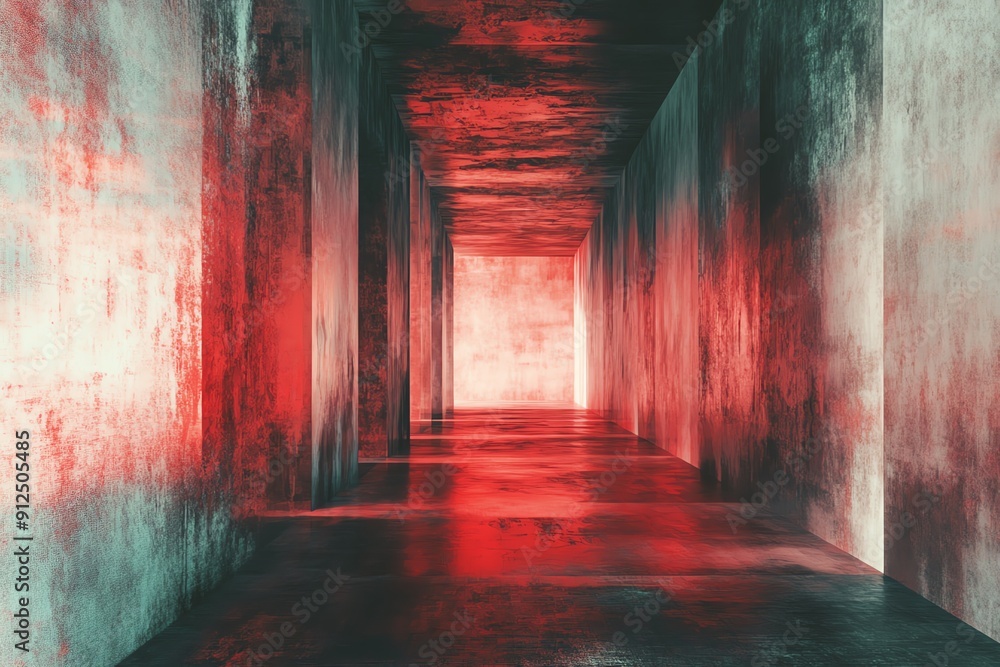 Poster a surreal corridor with dramatic red lighting and textured walls, creating a mysterious and vibrant 