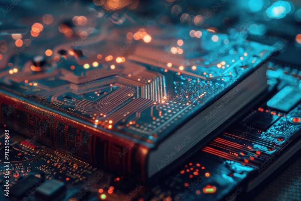 Aufkleber old book illuminated by technology resting on a circuit board with glowing lights