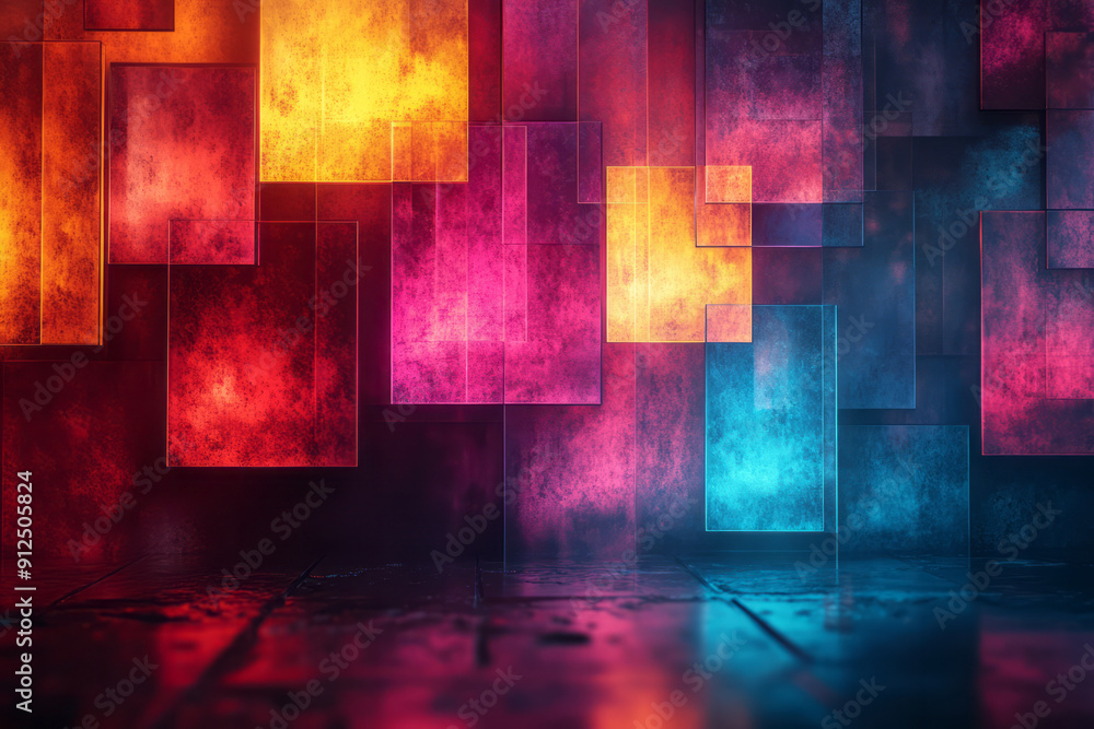 Poster abstract hexagonal grid with colorful light reflections,