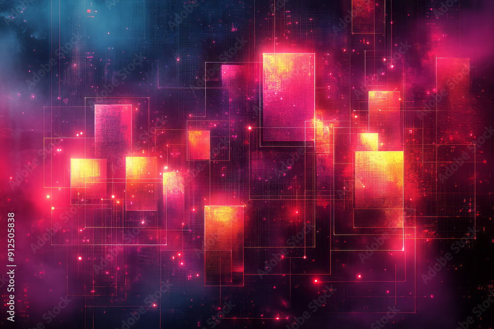 Poster abstract hexagonal grid with colorful light reflections,