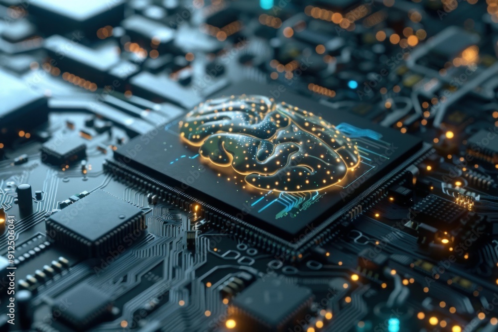 Poster artificial intelligence represented by a luminous brain growing on a circuit board