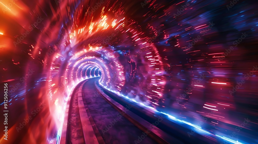 Poster a vibrant and dynamic tunnel scene, showcasing swirling lights and vivid colors that create an illus