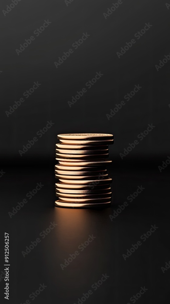 Poster Stacked Coins Glimmering Against A Dark Background in a Studio Setting