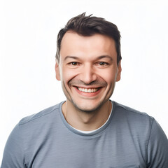 Fototapeta premium Studio shot of young man looking at the camera. Isolated on white background. Horizontal format, he has a serious face, he is wearing a black T-shirt.
