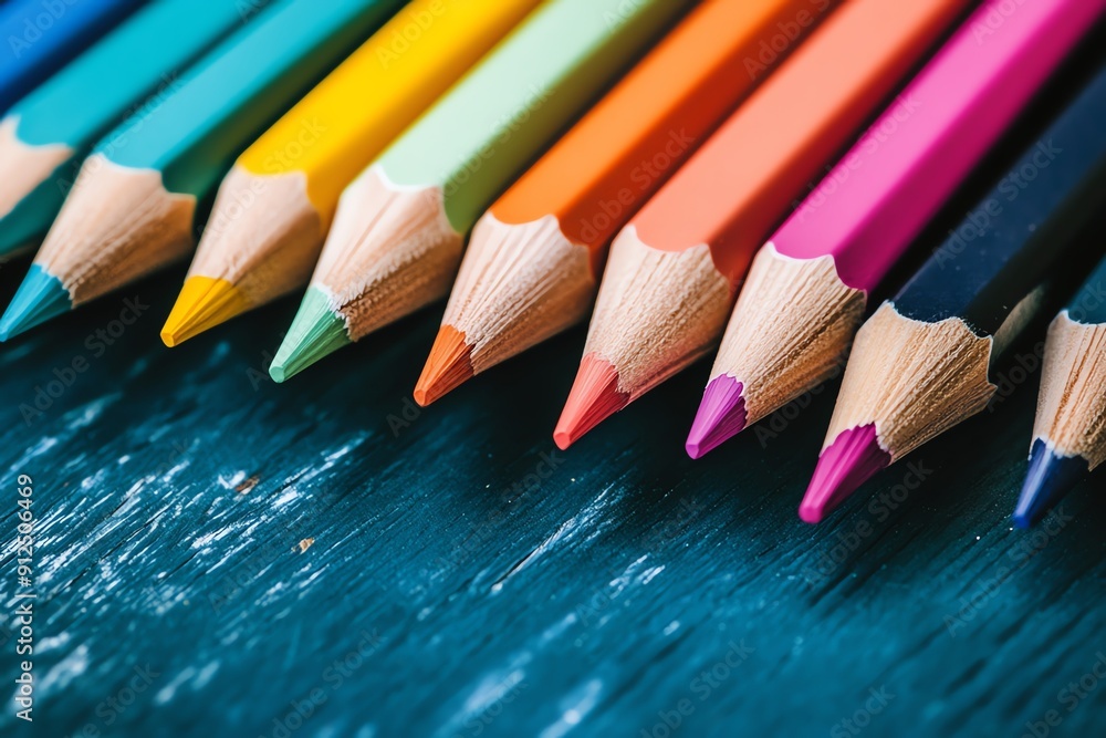 Poster a vibrant array of colored pencils arranged neatly, showcasing a spectrum of colors against a rustic