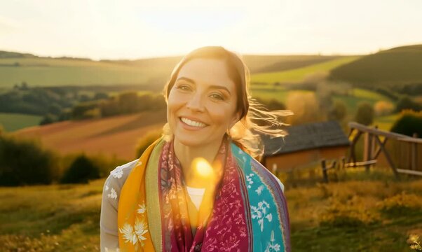 Lifestyle portrait video of a cheerful woman in her 30s wearing a foulard against a countryside or rural background