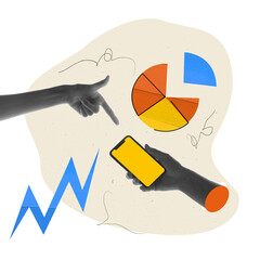 Human hands interacting with mobile phone and multicolored pie chart. Performance metrics,...
