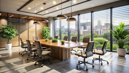 Modern office with large table and chairs basks in natural light, exuding minimalist and contemporary style, perfect for wallpaper, banner, or design projects.