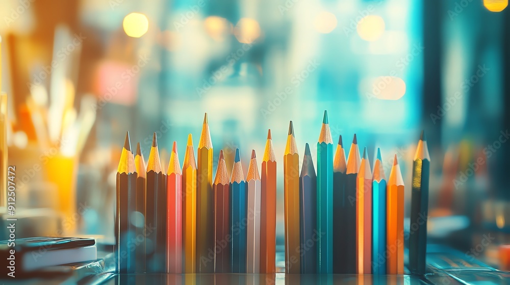 Poster a vibrant collection of colored pencils arranged neatly, showcasing an array of colors ideal for cre