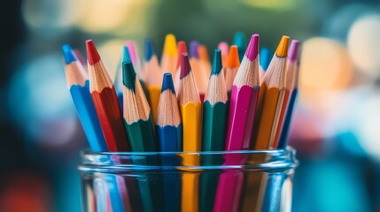 Fototapeta premium A vibrant collection of colored pencils in a glass jar, representing creativity and artistic expression.