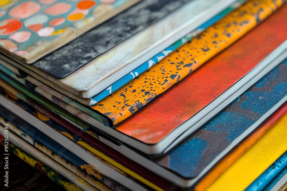 Poster a vibrant collection of colorful notebooks stacked together, showcasing unique patterns and textures