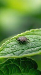 Close-Up View of a Small Beetle Crawling on a Green Leaf in Nature