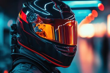 Fototapeta premium formula one driver in futuristic helmet visor reflecting neon racetrack dynamic composition captures intensity and focus moments before highspeed competition
