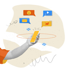 Hand interacting with phone and mail, message, video player icons. Multichannel marketing, content...