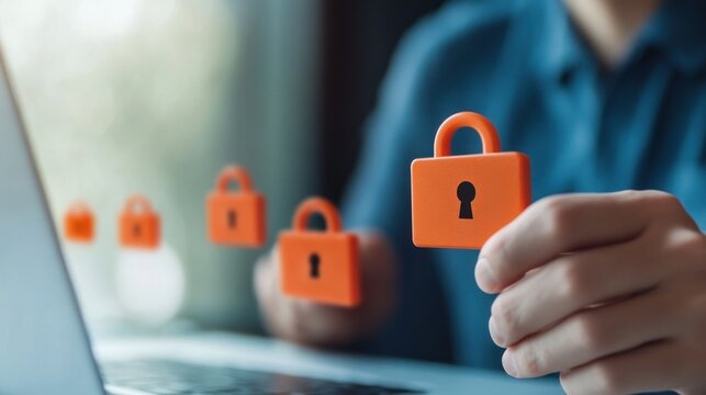 Lock and key concept on a keyboard with hands interacting with 3D letters and symbols representing success and technology