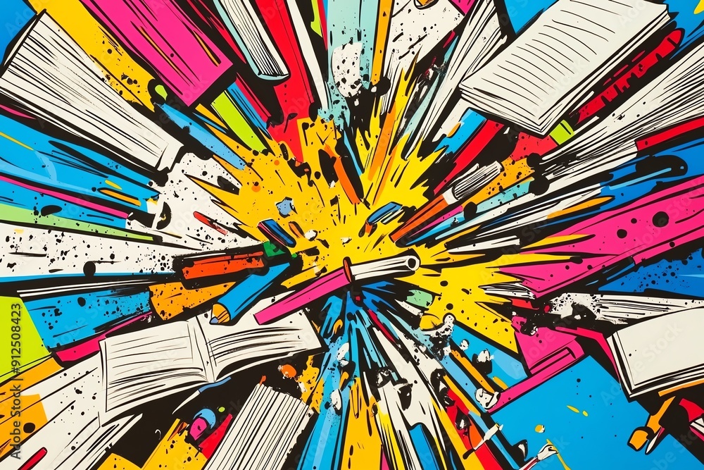 Poster a vibrant explosion of colorful books, illustrating the joy of reading and creativity in a dynamic a