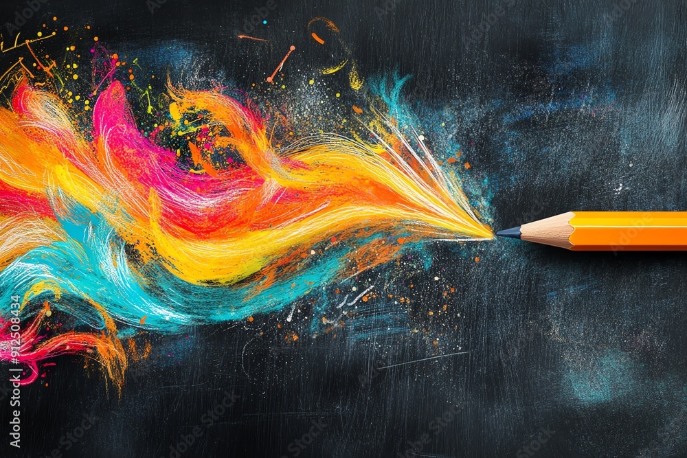 Poster a vibrant explosion of color from an orange pencil, creating a dynamic artistic effect on a dark cha