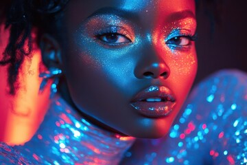 futuristic african fashion shoot featuring a model in a dazzling neon costume and illuminated...