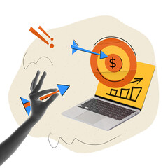 Hand throwing arrow into target in laptop with dollar sign and growing years. Target marketing,...