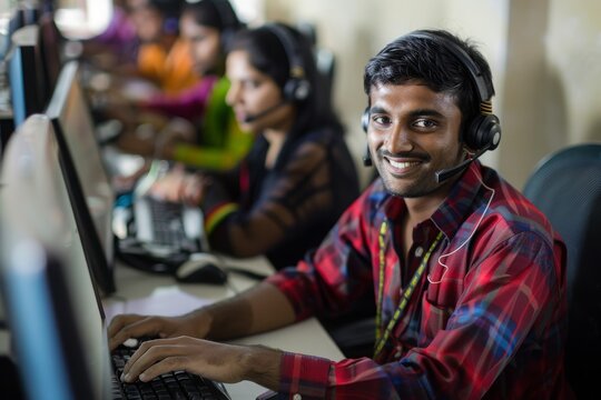 Smiling Customer Service Representative Wearing Headset - Powered by Adobe