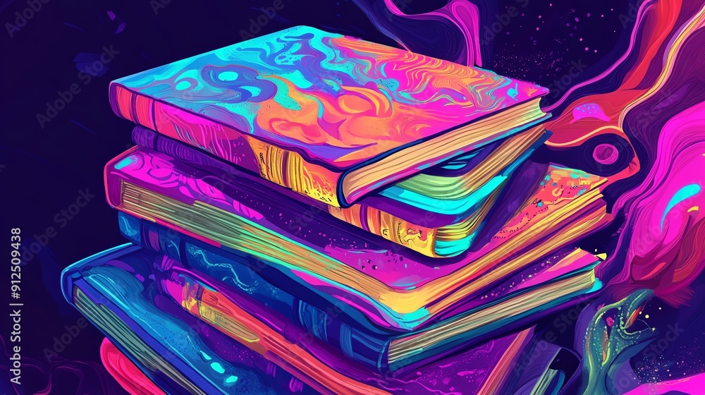 Poster a vibrant stack of artistic books, showcasing colorful patterns and abstract designs in a captivatin