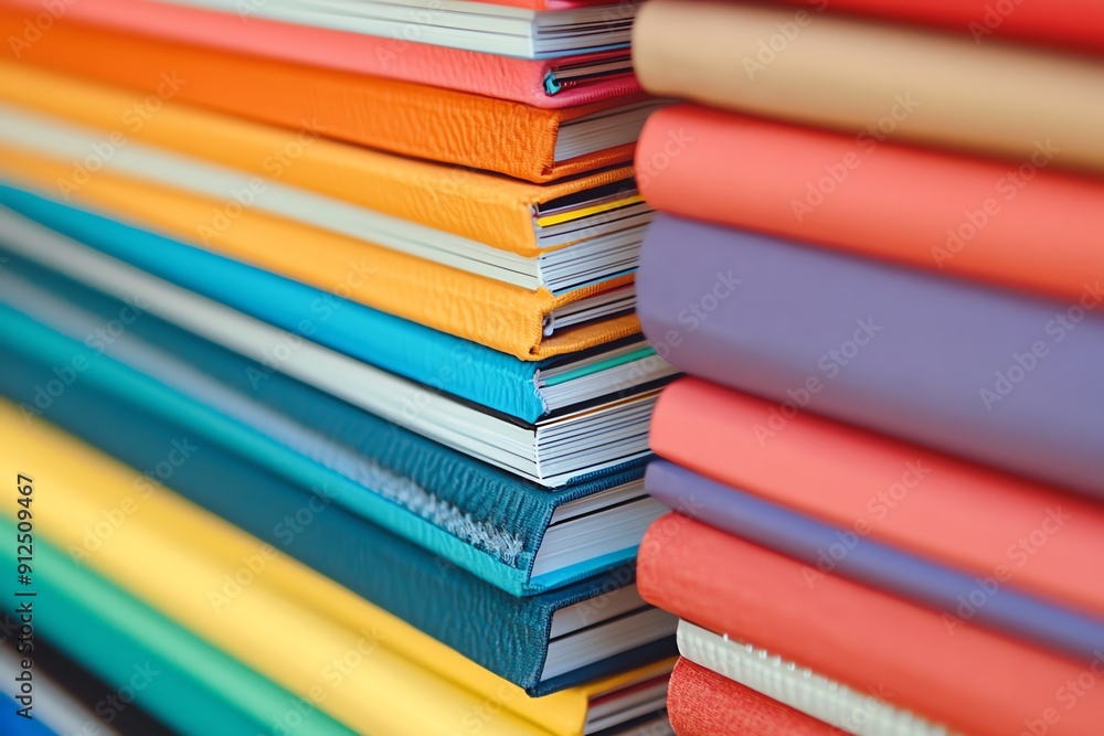 Poster a vibrant stack of colorful notebooks arranged neatly, showcasing various hues and textures for crea