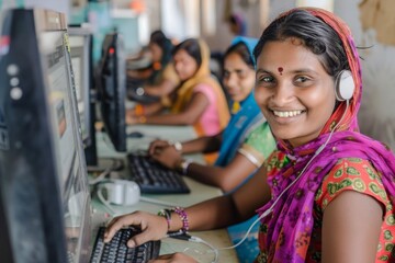 Smiling Woman in Pink Sari at a Computer