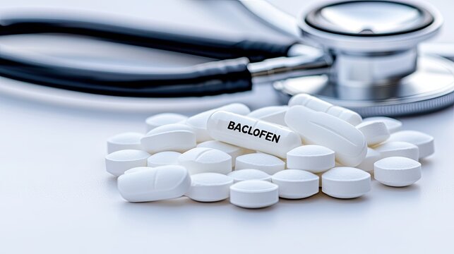 Baclofen Medication With Stethoscope on Medical Surface During Daylight