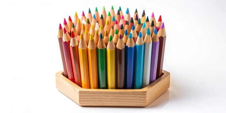 Vibrant assortment of colored pencils arranged in a wooden holder, standing upright against a clean white background, ready for creative expression and artistic endeavors. - Powered by Adobe