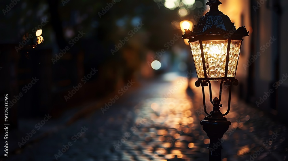 Poster a vintage street lamp illuminating a cobblestone path at night, creating a warm and inviting atmosph