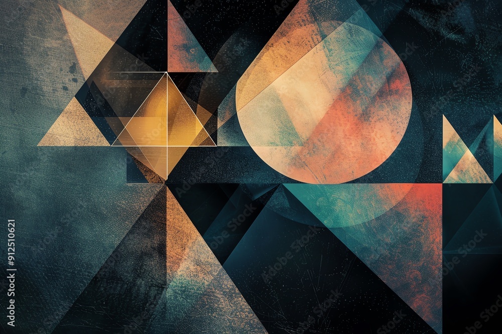Poster abstract geometric art featuring vibrant shapes and colors, creating a dynamic and modern visual exp