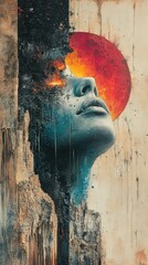 Abstract portrait of a surreal woman's face blending with nature, featuring vibrant colors and dramatic elements.