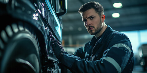 Mechanic servicing a commercial vehicle in a garage