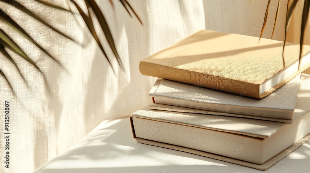 Poster aesthetic arrangement of stacked books with soft lighting, creating a serene and inviting atmosphere