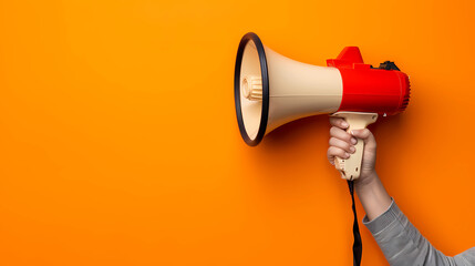 Hand holding megaphone, marketing and sales, orange background