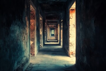 Obraz premium Captivating hallway with multiple doorways, illuminated by soft light, leading to an unknown destination, evoking mystery.