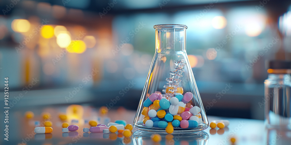 Poster stayed glass flask with colorful pills and dna in laboratory on blurred background of science lab