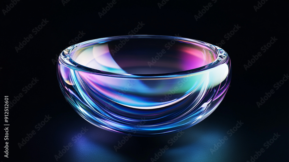 Poster 3d rendering of an abstract futuristic shape resembling a clear contact lens with an iridescent glas