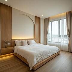 view of master bedroom in apartment located in Viet Nam, interior design, wood floor, beige and white color palette