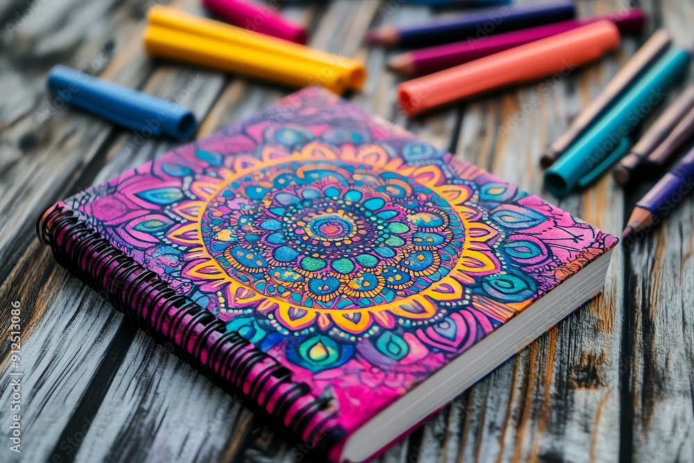 Poster colorful patterned notebook surrounded by vibrant markers on a rustic wooden table.