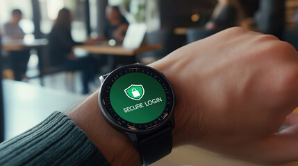 Fototapeta premium Secure Login Authentication on Smartwatch, Digital Security Concept. User Accessing Secure System Interface, Personal Data Protection, Cybersecurity, Technology, Online Privacy