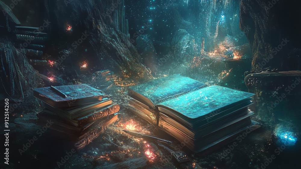 Poster enchanting scene of illuminated books in a mystical cave, revealing hidden knowledge and magical won