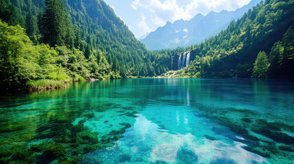 Crystal clear lakes and waterfalls of the valley, surrounded by lush forests and mountains. Generative AI