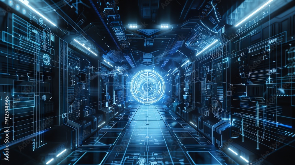 Poster futuristic corridor with blue glowing lights and digital patterns, ideal for sci-fi themes and techn
