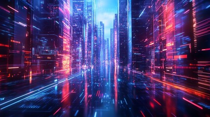 Obraz premium Futuristic cityscape with vibrant neon lights and reflections, showcasing a digital metropolis in a dynamic, immersive environment.