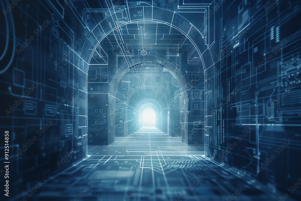 Aufkleber futuristic digital tunnel featuring glowing lines and circuits, symbolizing advanced technology and 