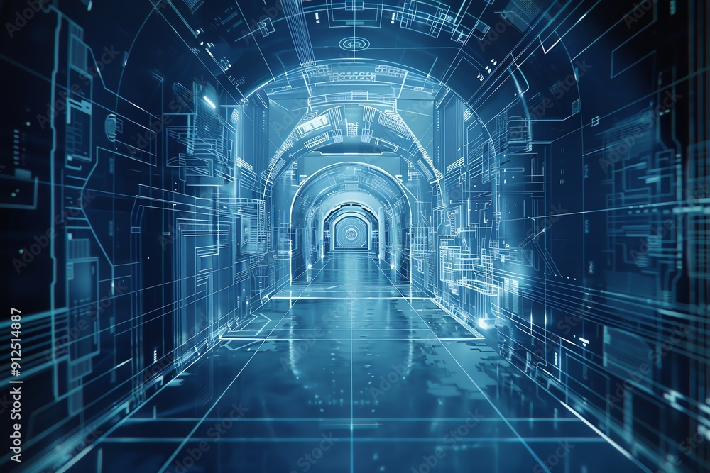 Aufkleber futuristic digital tunnel with glowing lines and structures, evoking a sense of advanced technology 