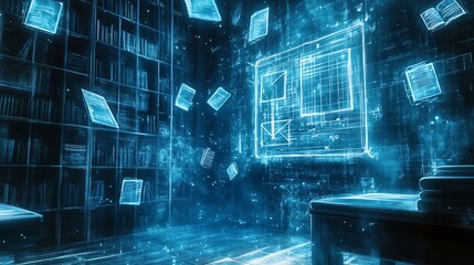 Futuristic digital library with floating holographic books and data screens, representing advanced technology and virtual learning.